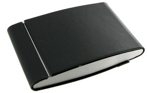 BCD14  - Black PU business card case with brushed plate- opens both sides for storage
