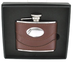 FL29 - 4ozLeather Covered Steel Flask With Engraving Plate