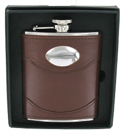 FL30 - 6oz Leather Covered Steel Flask with Engraving plate