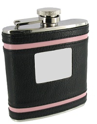  FL51 - 6oz Black Leather Flask with Pink Stripe and Engraving plate
