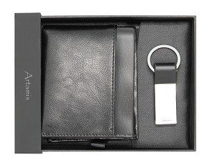 FOL05 Black Leather Wallet with key ring gift set