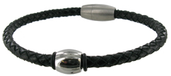 WB24 Leather/Stainless Steel Plaited Ball Black Bangle 