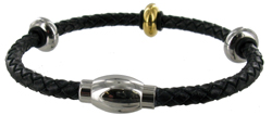 WB31 Leather/Stainless Steel Black, Silver and Gold Knots Bangle 