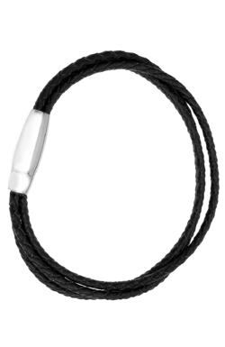 WB33 Black Leather/Stainless Steel Thin Triple Plait Bangle
