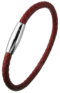 WB34 Leather/Stainless Steel Thick Plait Red Bangle