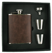 FLC16 - 6oz Brown PU Flask With two cups & Funnel