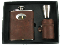 FLC9(S) - 6oz Brown Spanish Leather Flask with Engraving Plate and cups  