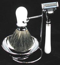 SHV04 - Shaving Stand With Badger Brush Mach 3 razor & Bowl In White (TD)